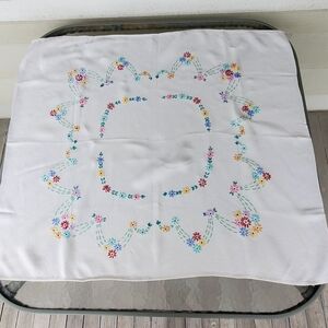 Embroidered Floral Tablecloth Vintage Square Small Cottagecore White Cotton